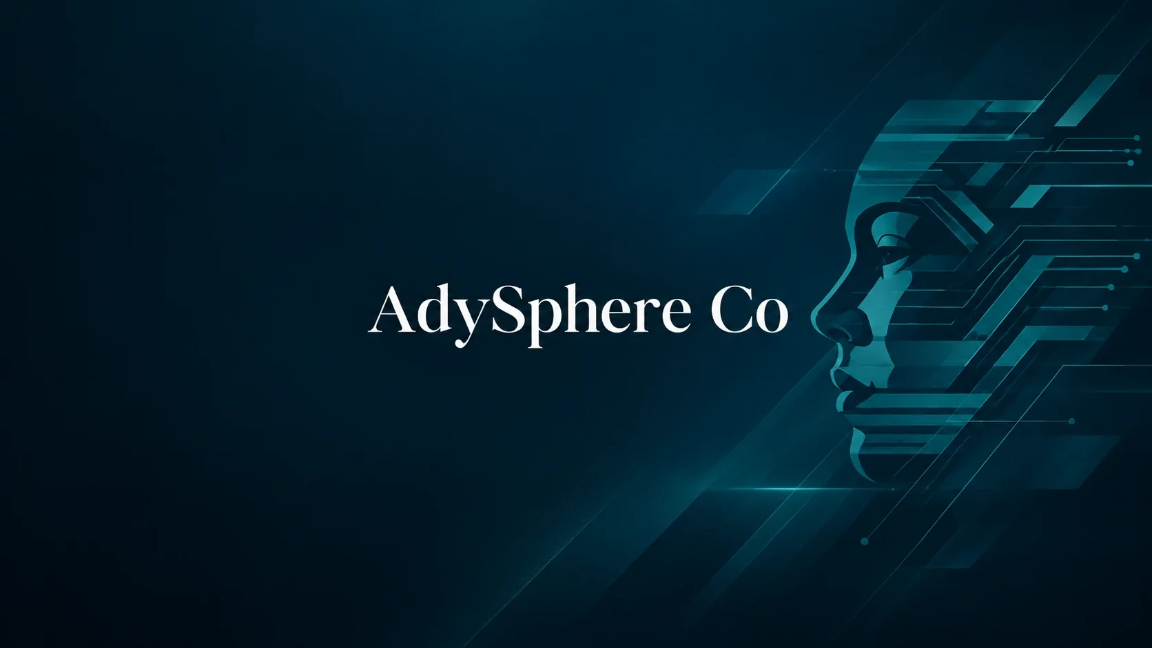 The AdySphere Co wordmark beside a teal circuit-line face in profile